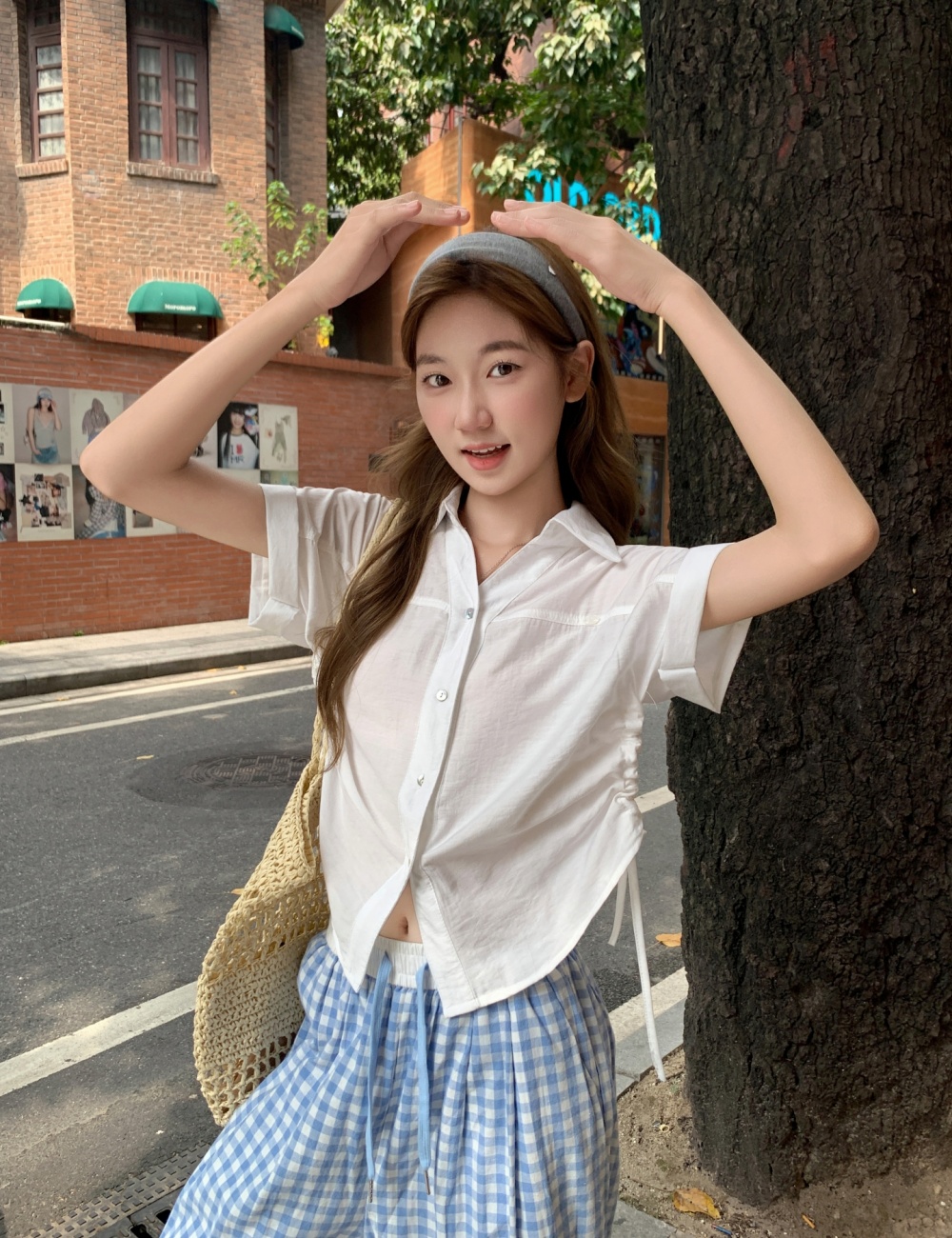 Pinched waist short sleeve tops summer shirt for women