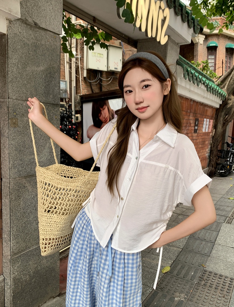 Pinched waist short sleeve tops summer shirt for women