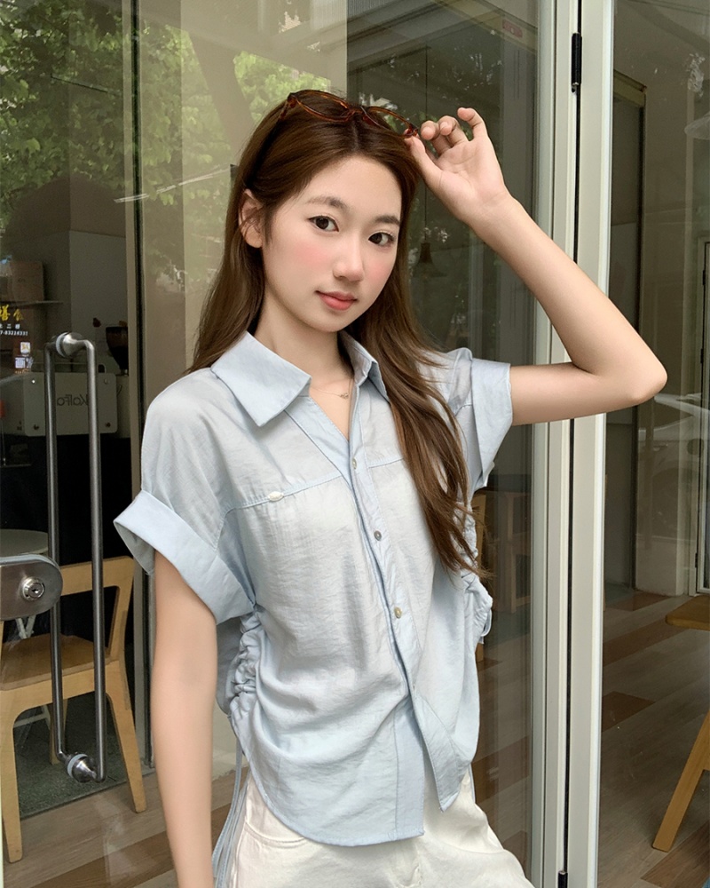 Pinched waist short sleeve tops summer shirt for women