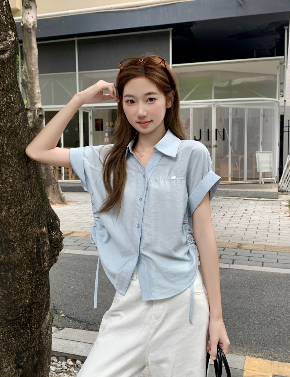 Pinched waist short sleeve tops summer shirt for women