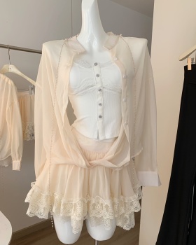 Chiffon irregular short skirt lace shirt 2pcs set