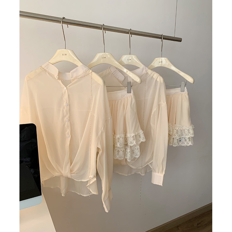 Chiffon irregular short skirt lace shirt 2pcs set