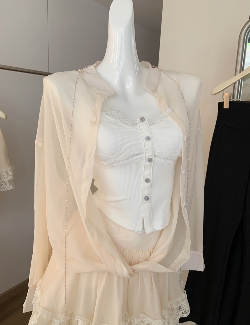 Chiffon irregular short skirt lace shirt 2pcs set