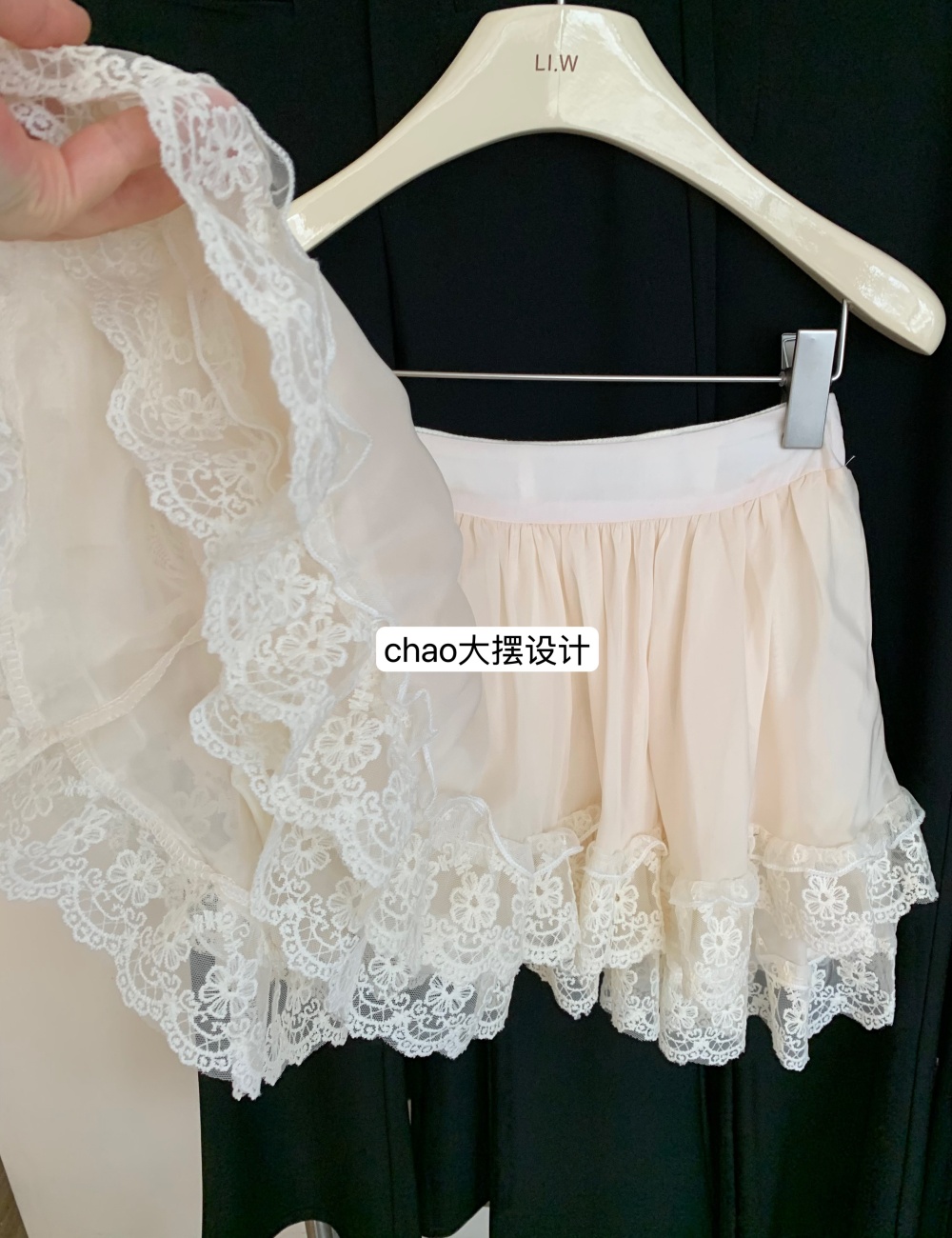 Chiffon irregular short skirt lace shirt 2pcs set
