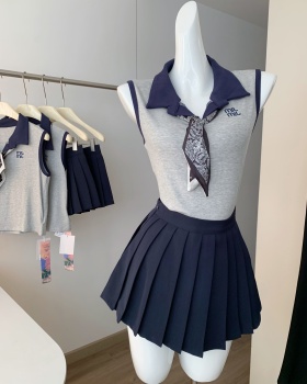 Summer gray short skirt pinched waist A-line tops 2pcs set