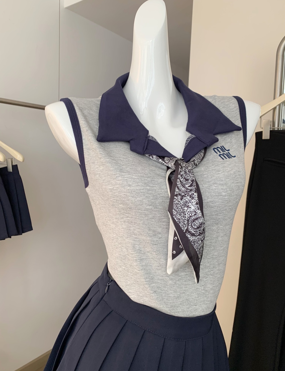 Summer gray short skirt pinched waist A-line tops 2pcs set