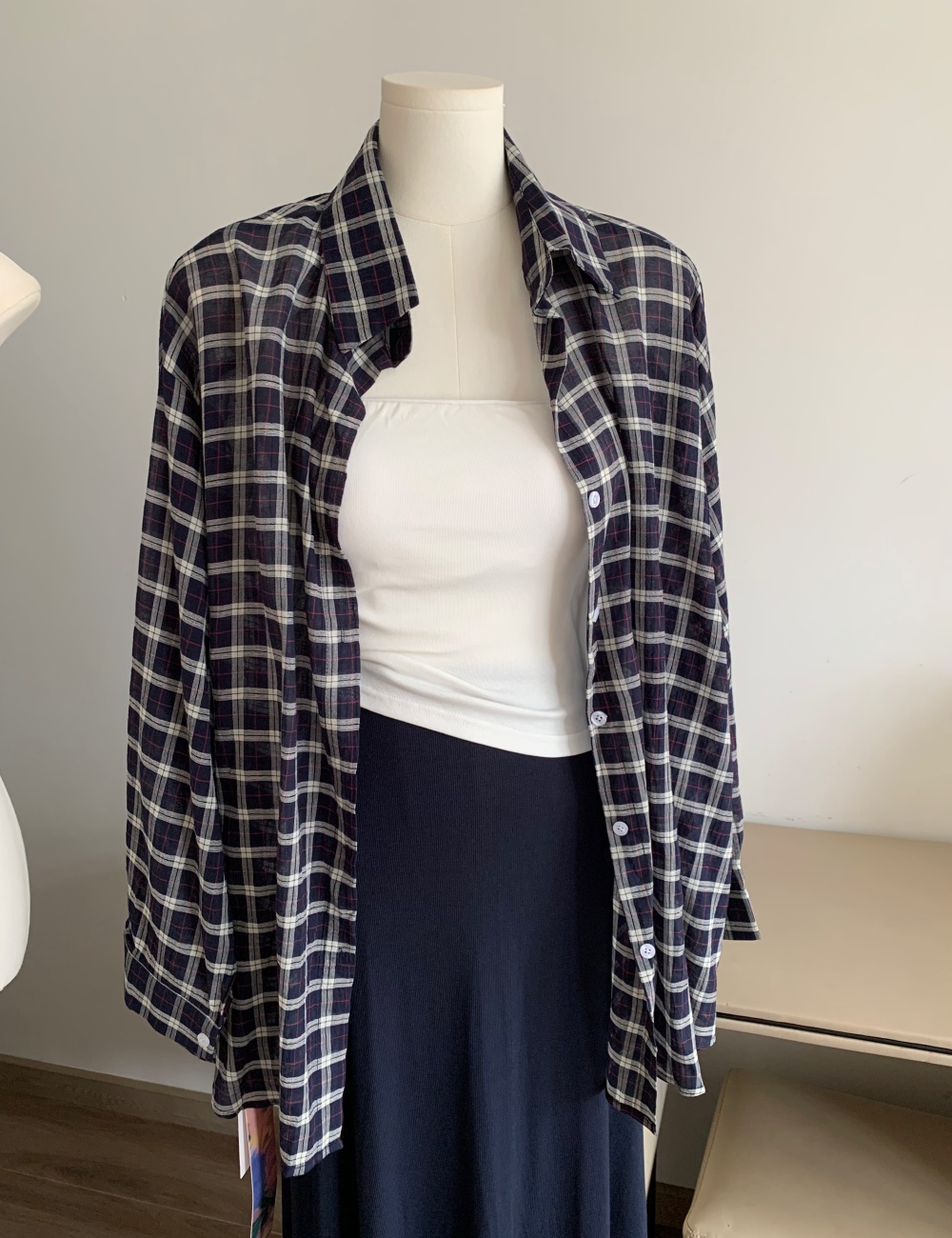Sunscreen loose vest Korean style blue grid tops 3pcs set