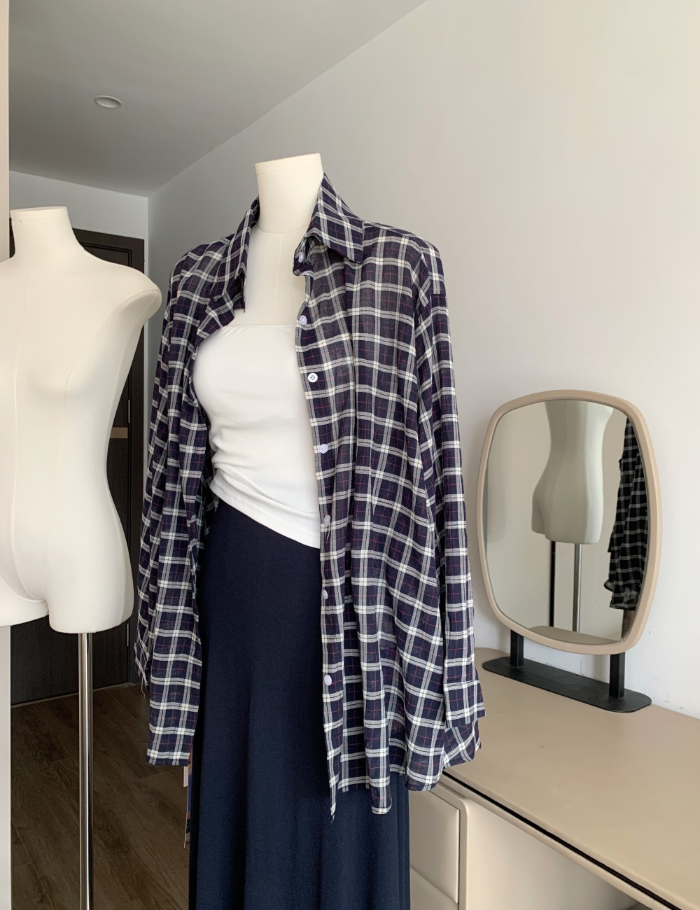 Sunscreen loose vest Korean style blue grid tops 3pcs set