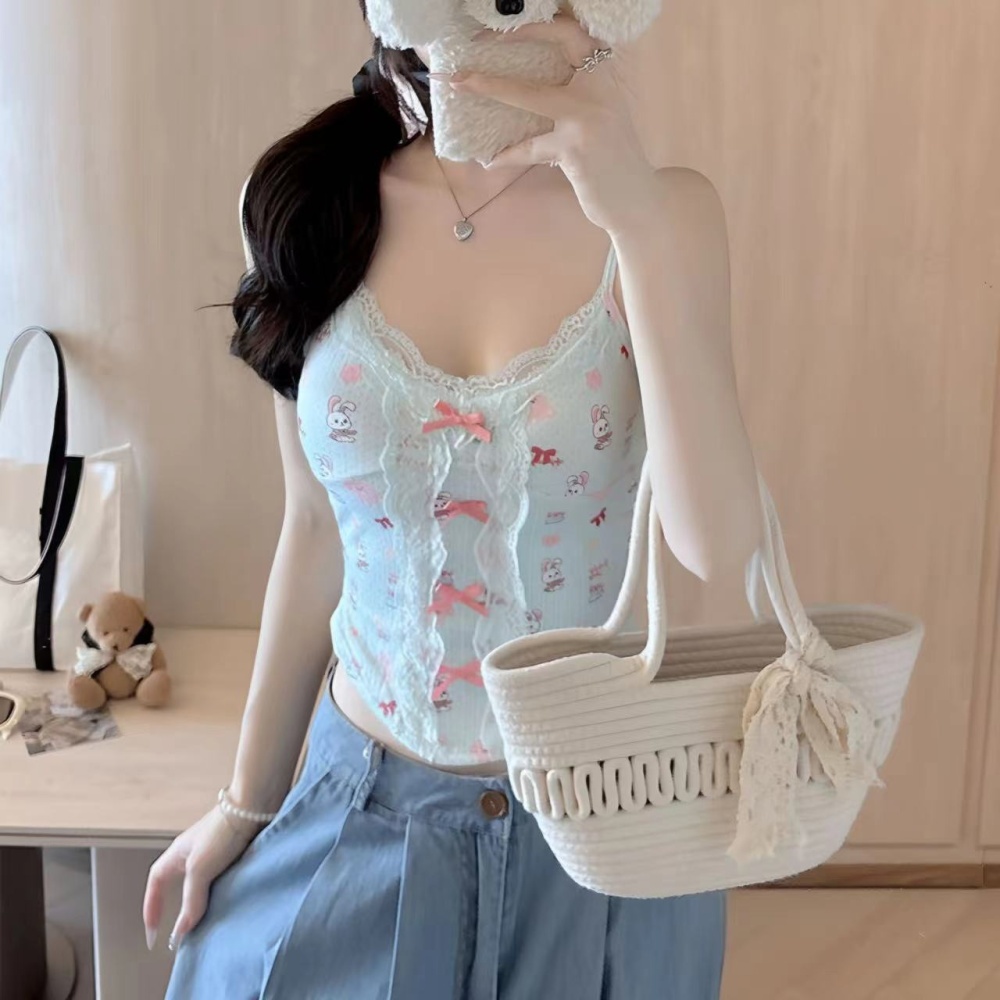 Summer lace bow vest slim inside the ride sling tops for women