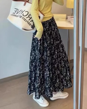 Lined high waist retro floral A-line long skirt for women