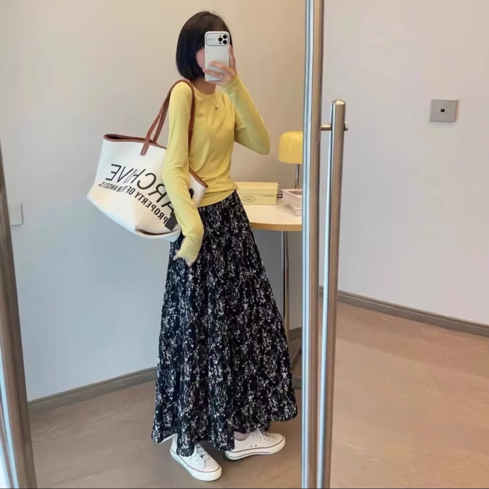 Lined high waist retro floral A-line long skirt for women
