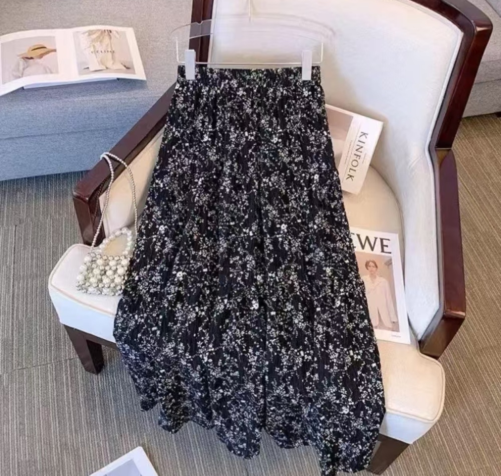Lined high waist retro floral A-line long skirt for women