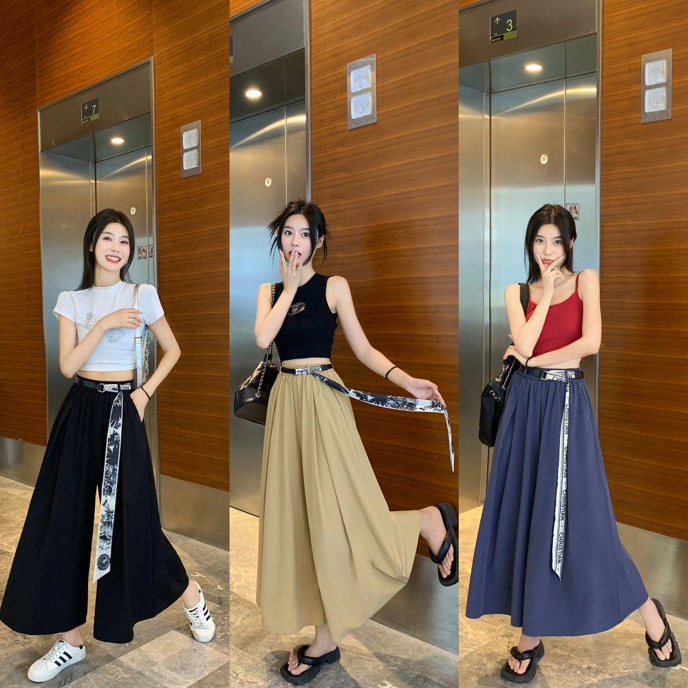 Ice silk summer long dress high waist loose culottes for women