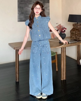 Crimp wide leg long pants denim tops 2pcs set