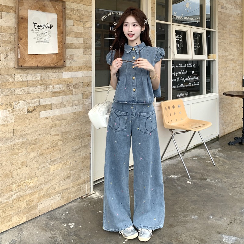 Crimp wide leg long pants denim tops 2pcs set