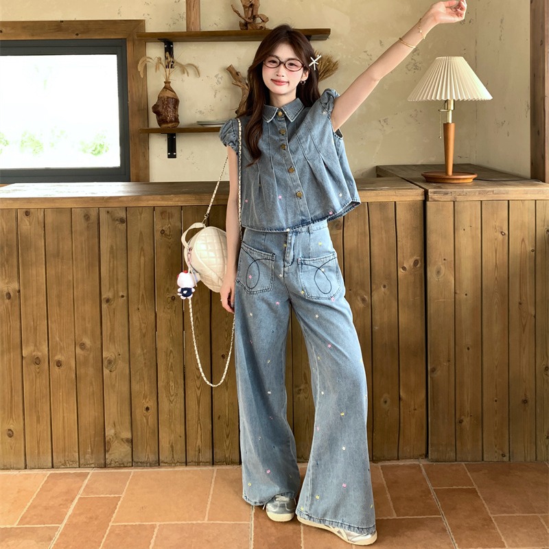 Crimp wide leg long pants denim tops 2pcs set