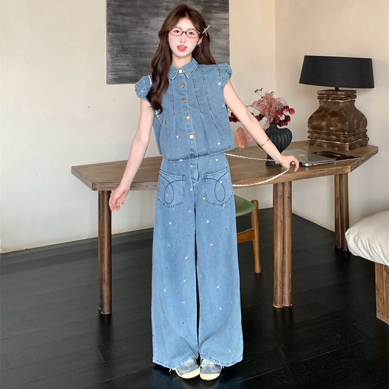 Crimp wide leg long pants denim tops 2pcs set