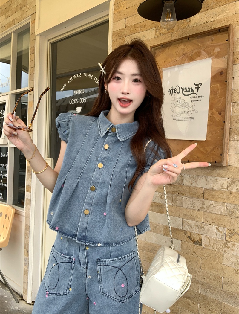 Crimp wide leg long pants denim tops 2pcs set