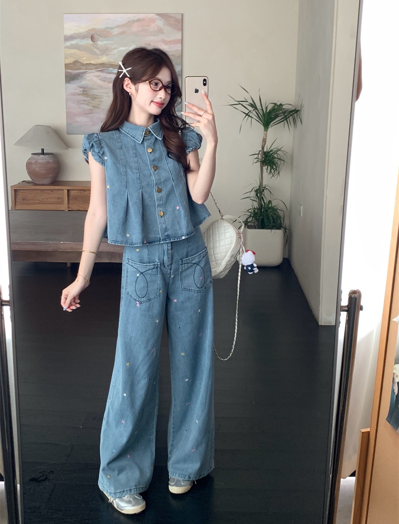 Crimp wide leg long pants denim tops 2pcs set