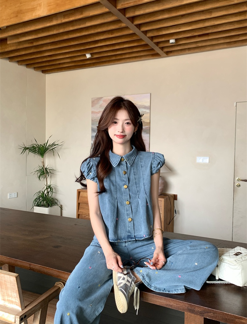 Crimp wide leg long pants denim tops 2pcs set