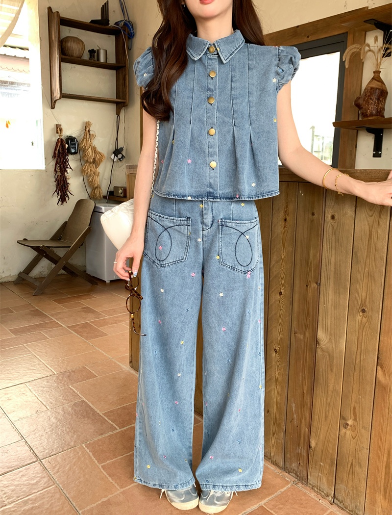 Crimp wide leg long pants denim tops 2pcs set