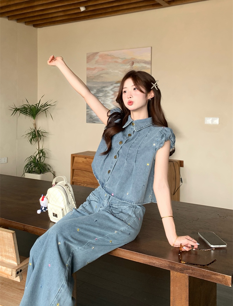 Crimp wide leg long pants denim tops 2pcs set