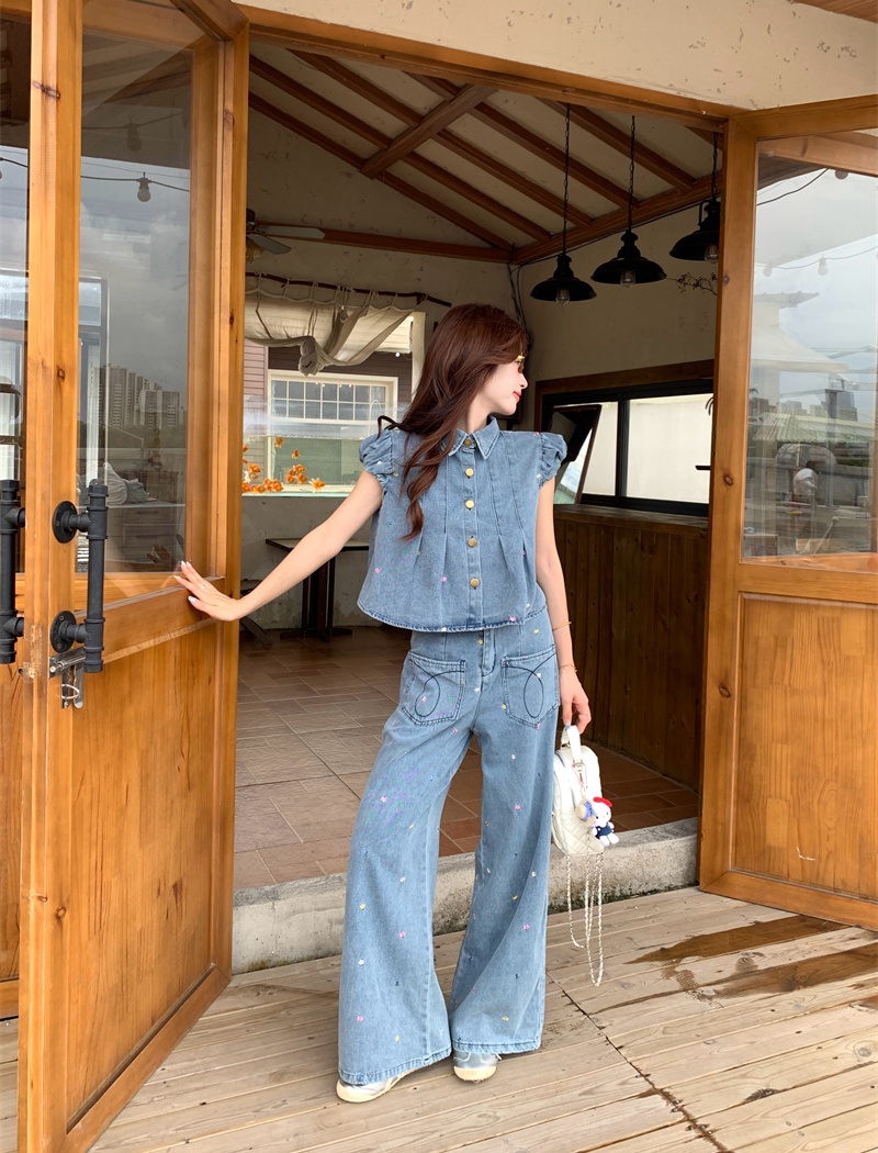 Crimp wide leg long pants denim tops 2pcs set