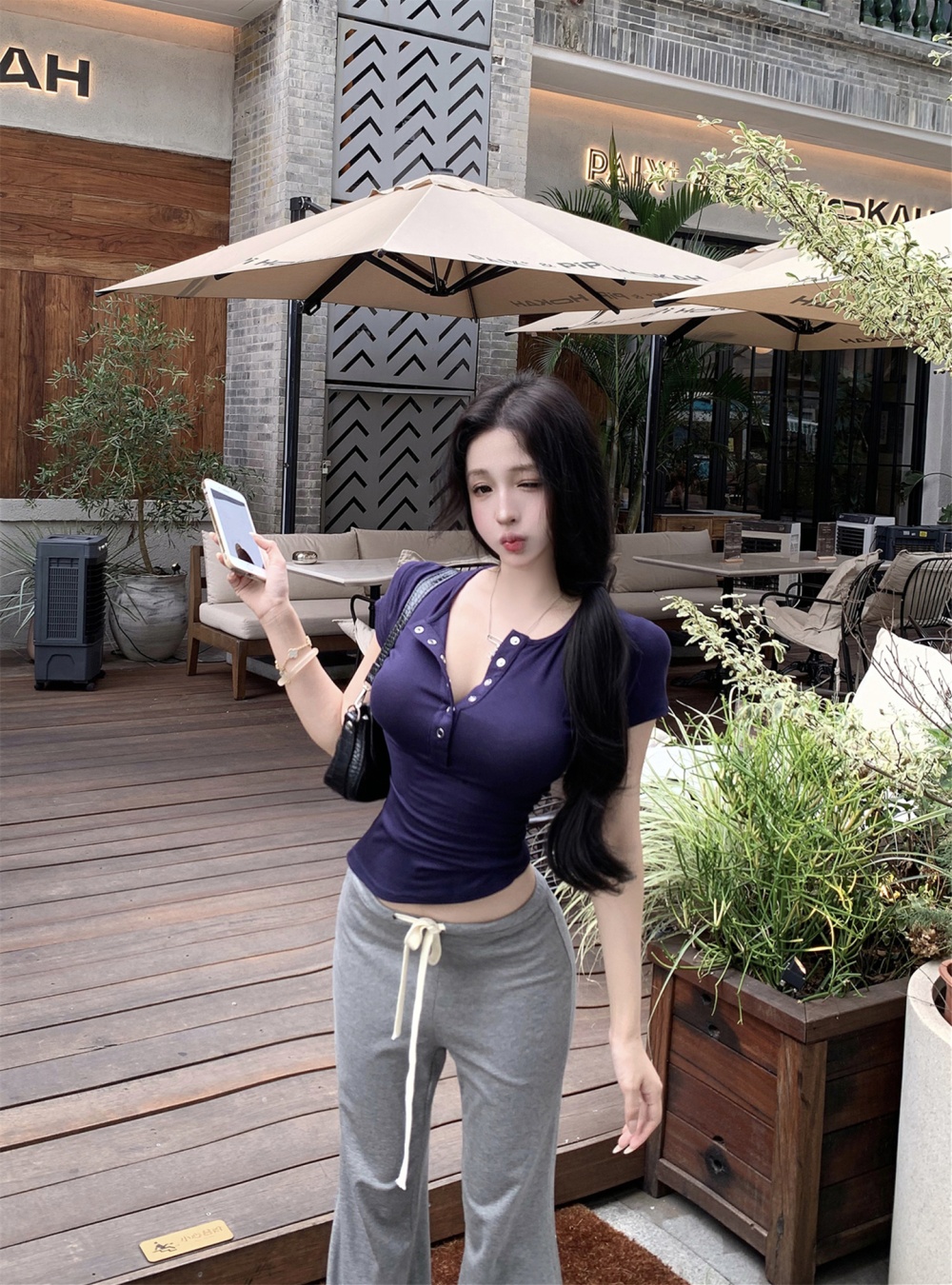 Drape buckle slim T-shirt micro speaker pinched waist tops