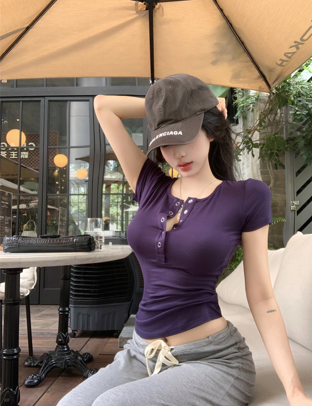 Drape buckle slim T-shirt micro speaker pinched waist tops