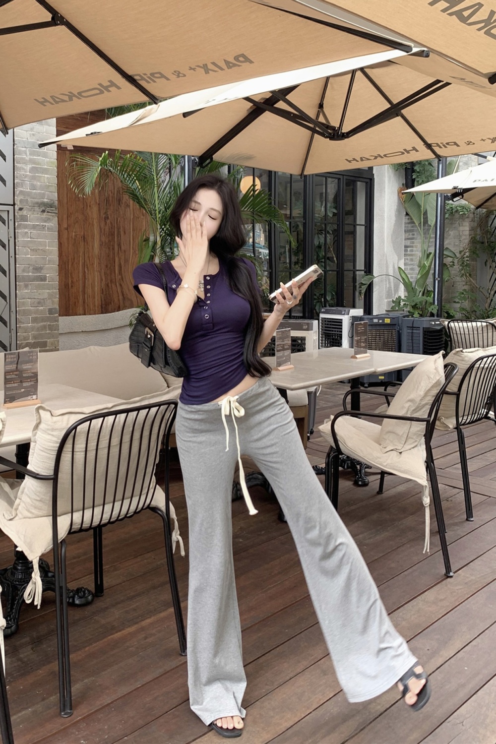 Drape buckle slim T-shirt micro speaker pinched waist tops