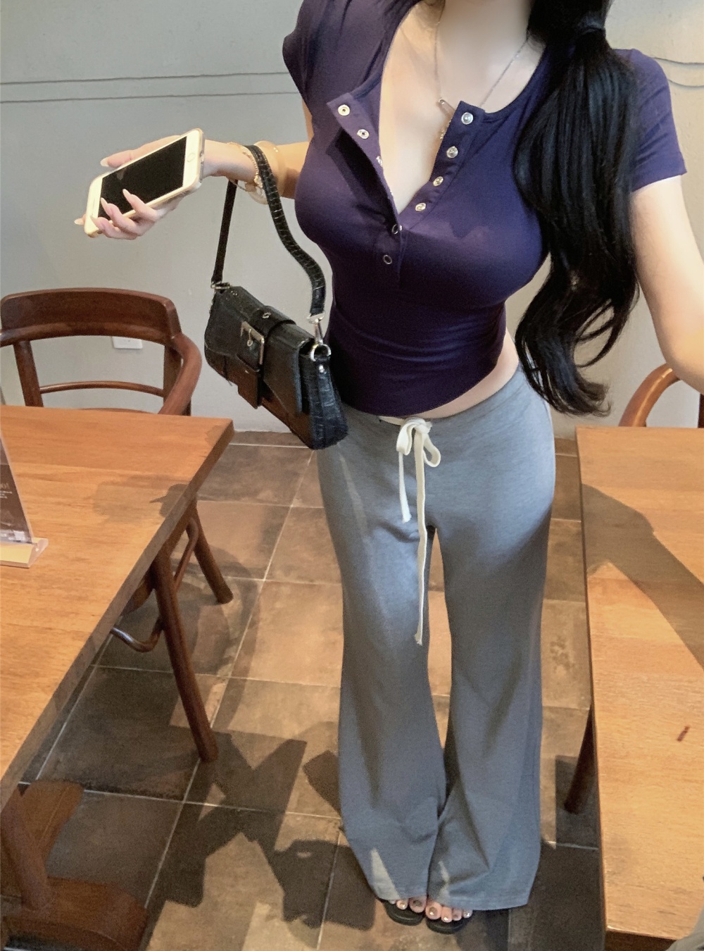 Drape buckle slim T-shirt micro speaker pinched waist tops