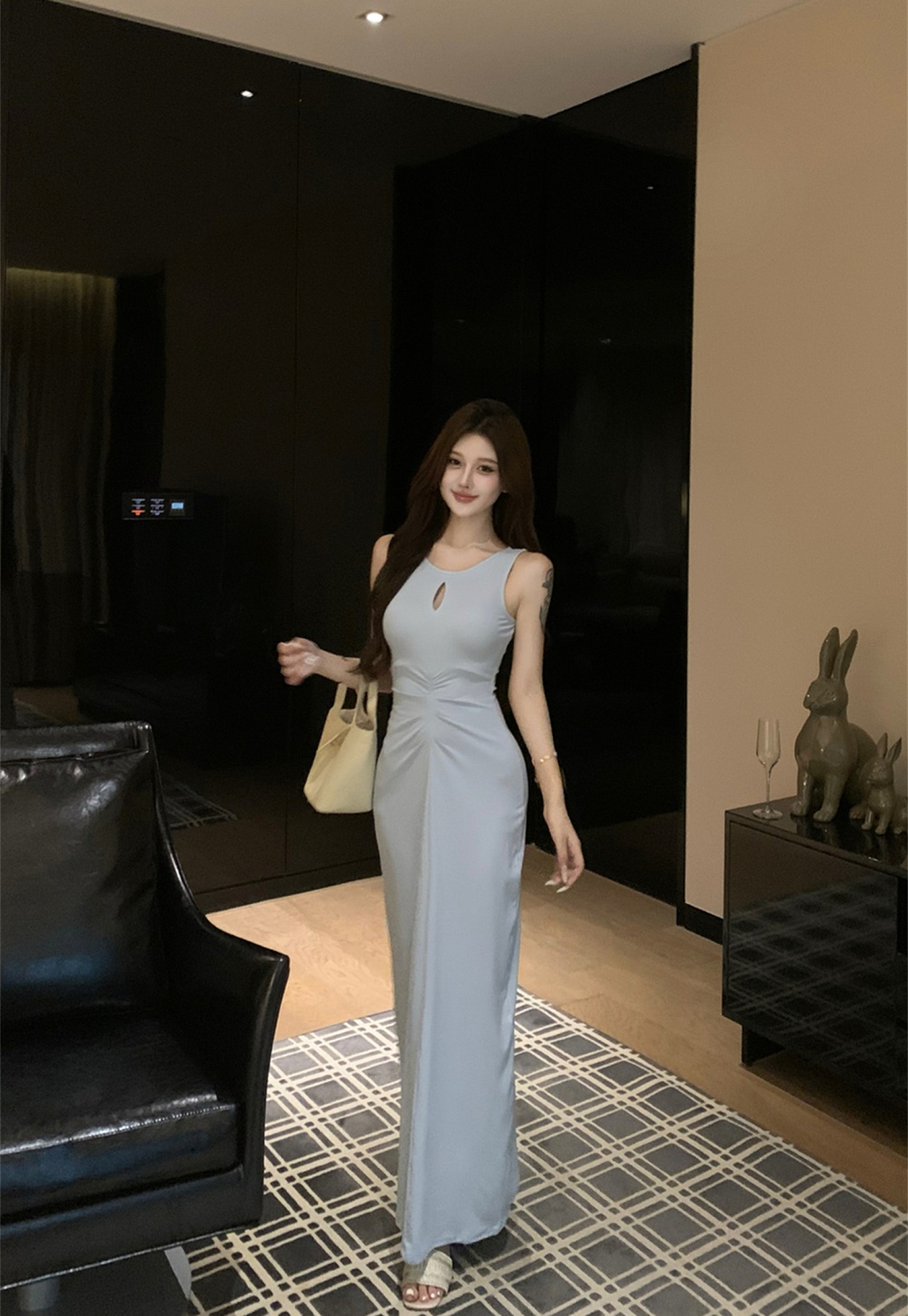 Tight summer sexy slim dress temperament fold blue vest