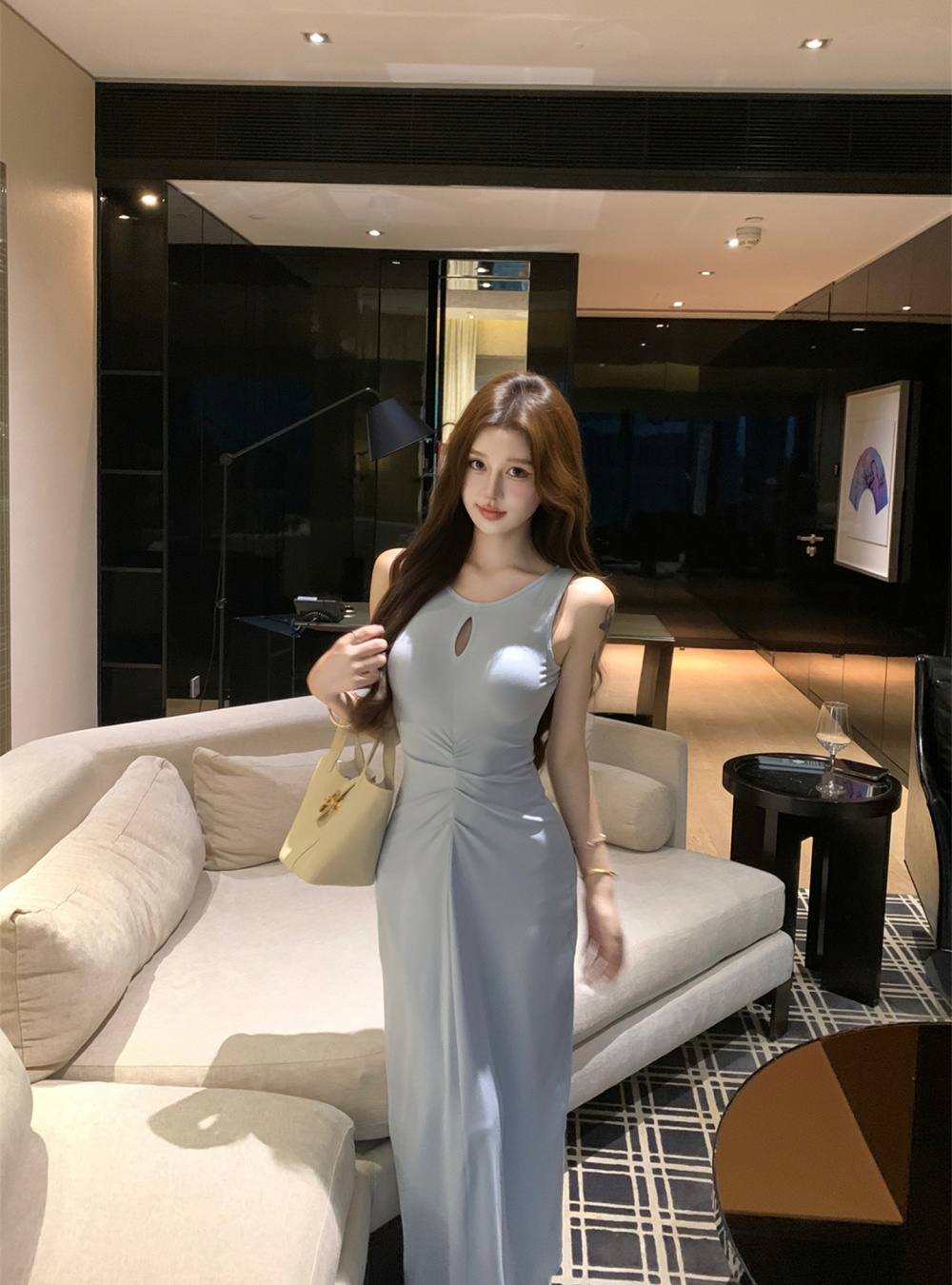 Tight summer sexy slim dress temperament fold blue vest