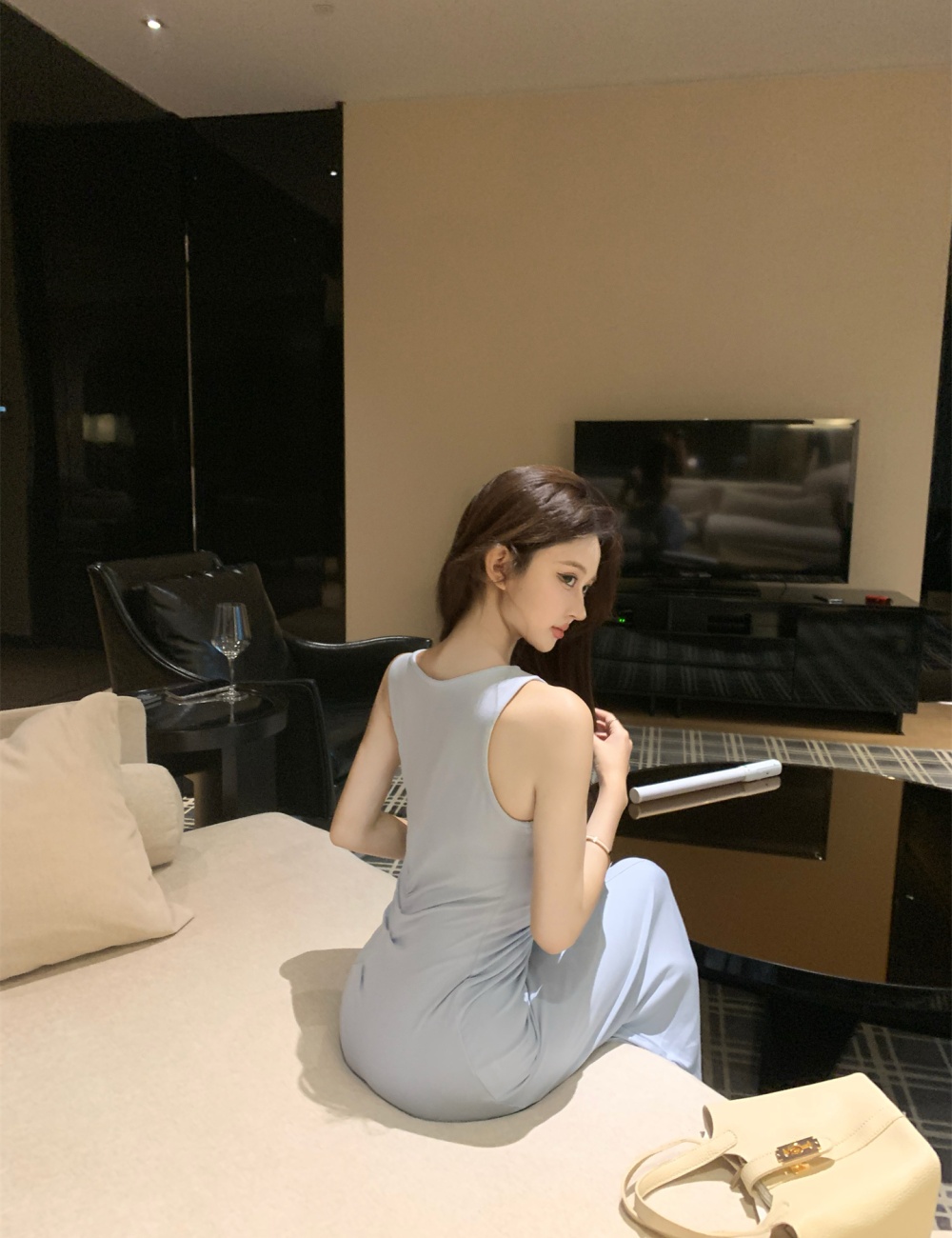 Tight summer sexy slim dress temperament fold blue vest