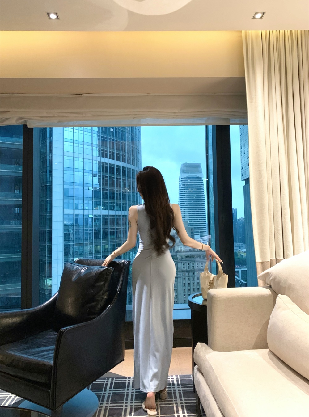 Tight summer sexy slim dress temperament fold blue vest