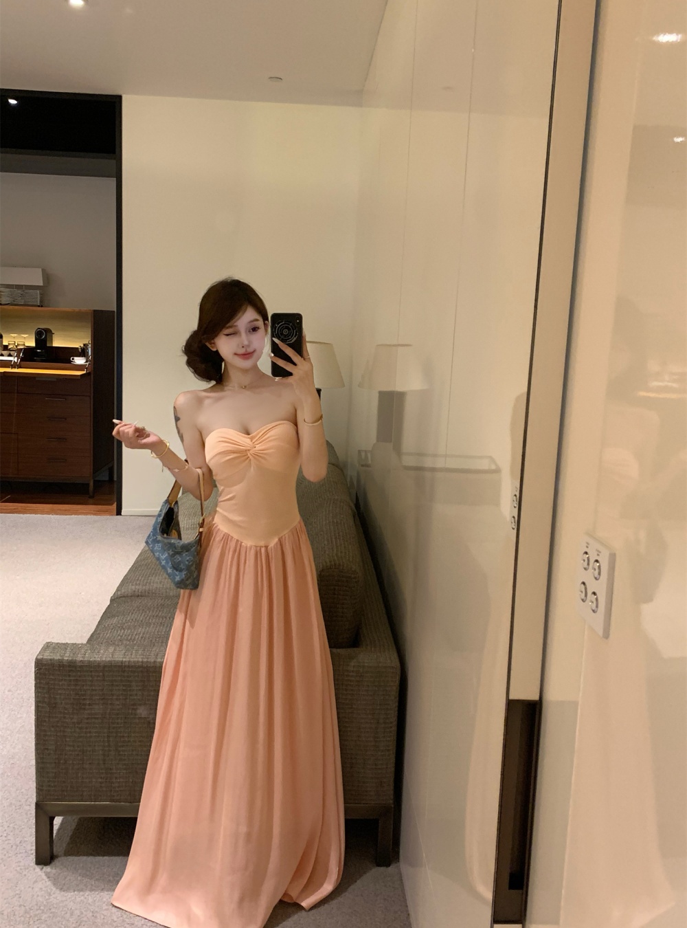 Shoulder strap removable long dress wrapped chest dress