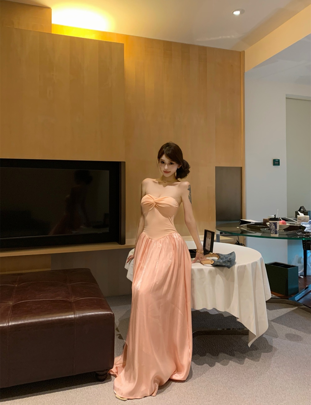 Shoulder strap removable long dress wrapped chest dress
