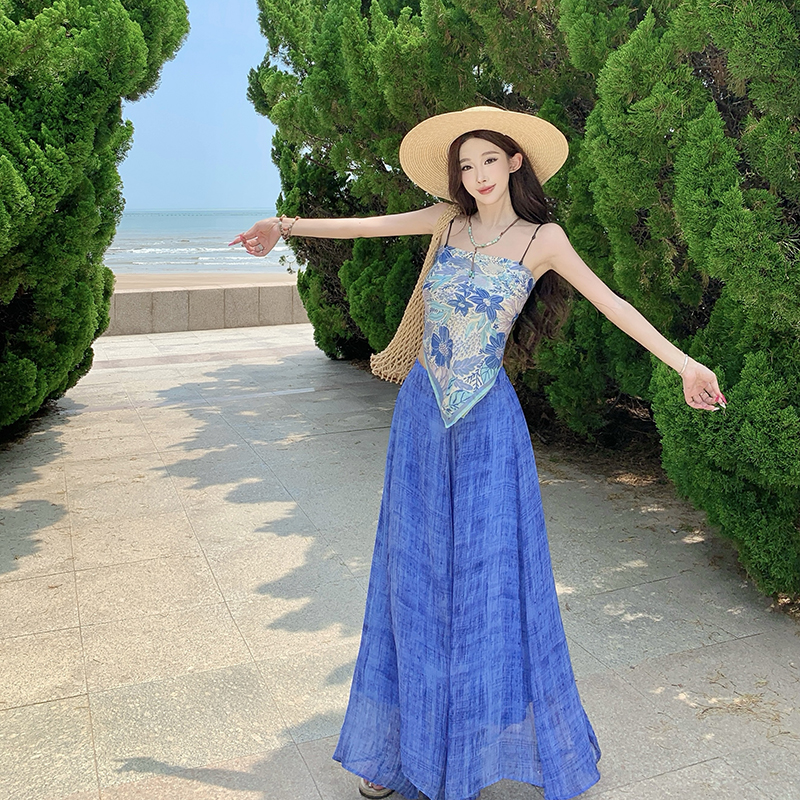 Blue wide leg pants sling tops 2pcs set for women