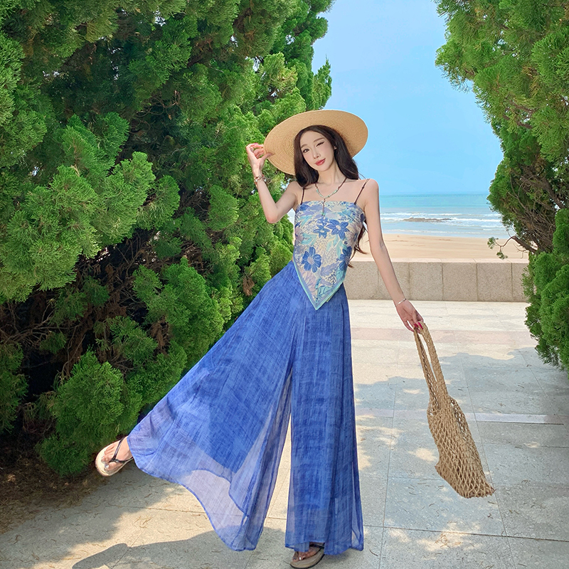 Blue wide leg pants sling tops 2pcs set for women