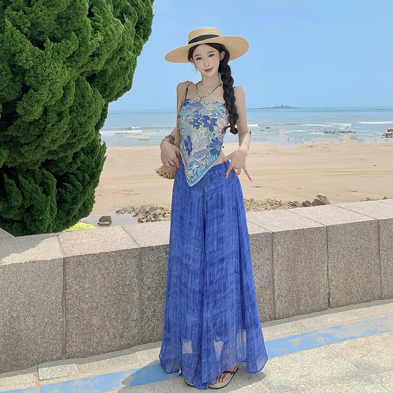 Blue wide leg pants sling tops 2pcs set for women