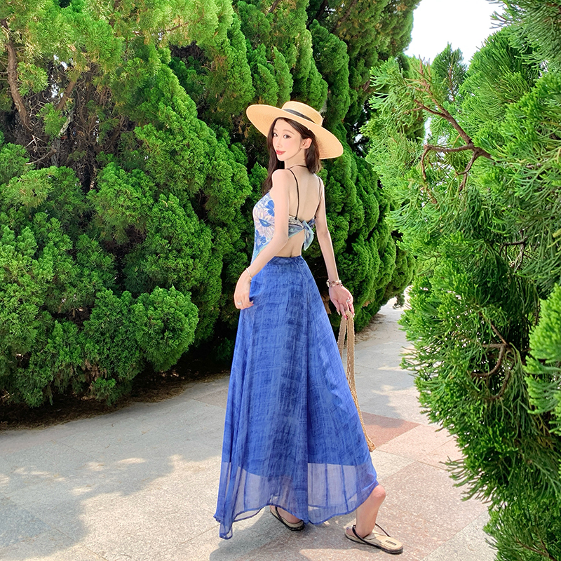 Blue wide leg pants sling tops 2pcs set for women