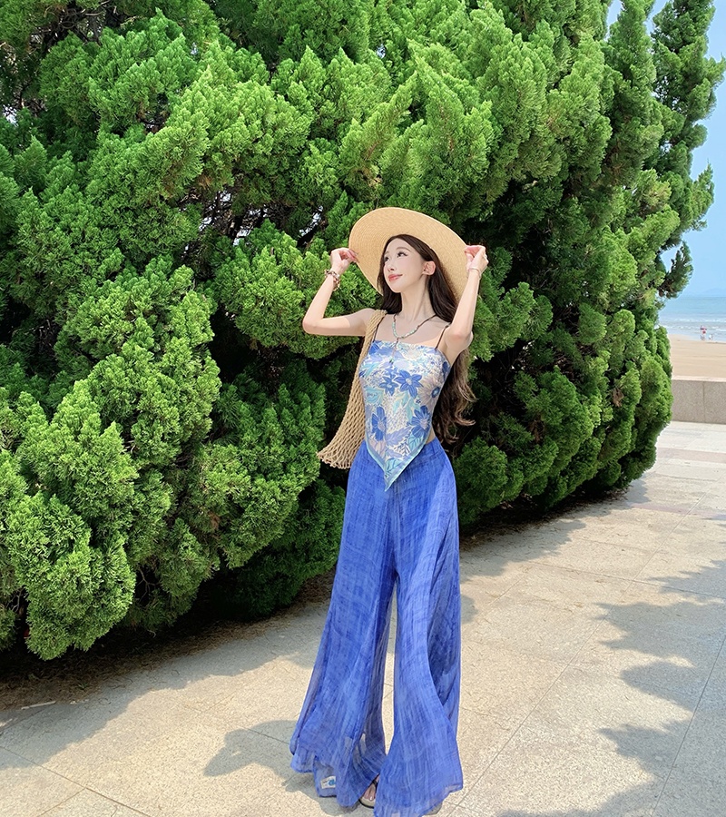 Blue wide leg pants sling tops 2pcs set for women