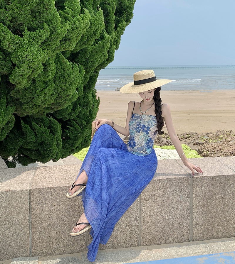 Blue wide leg pants sling tops 2pcs set for women