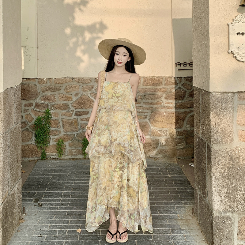 Vacation lotus leaf edges dress lady floral strap dress
