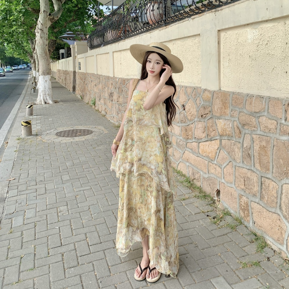 Vacation lotus leaf edges dress lady floral strap dress