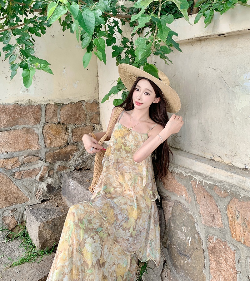 Vacation lotus leaf edges dress lady floral strap dress