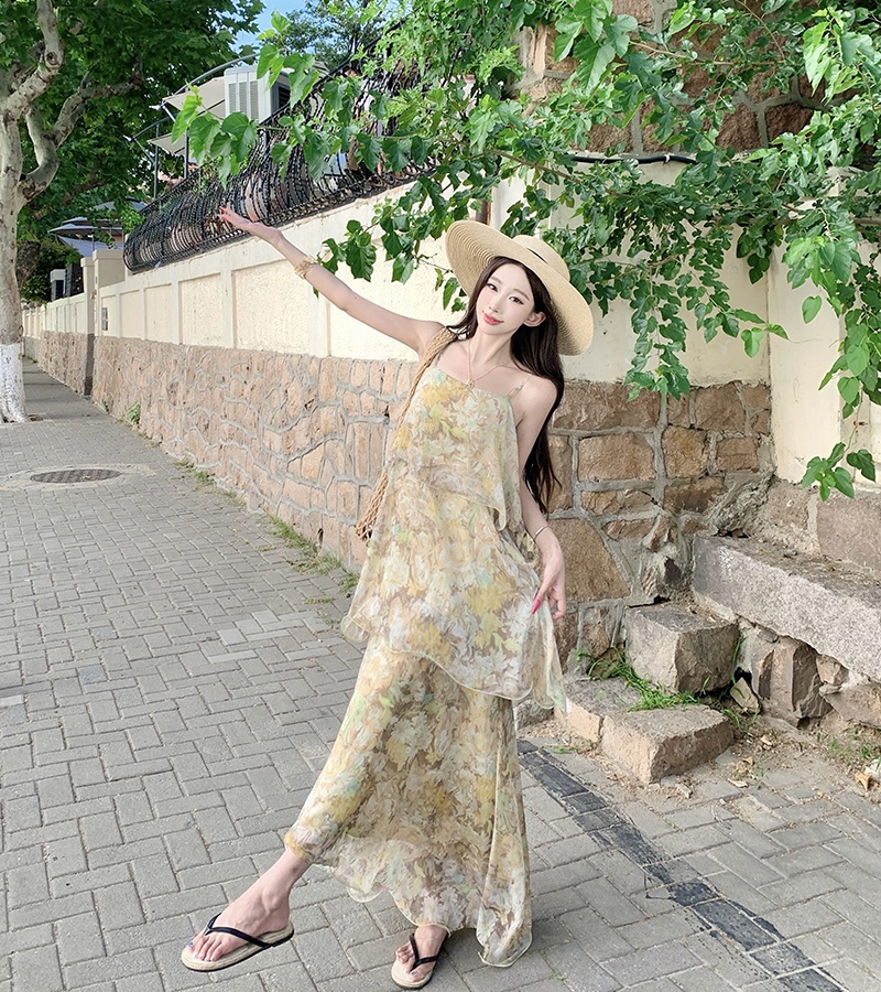 Vacation lotus leaf edges dress lady floral strap dress