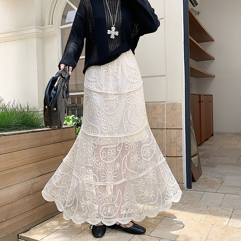 Lace retro A-line autumn and winter crochet skirt for women