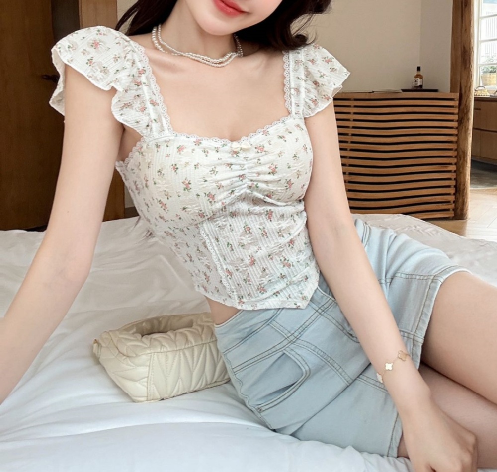 Integrated floral summer tops slim boats sleeve vest
