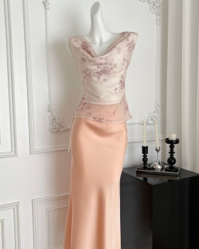 Pinched waist romantic tops summer skirt a set